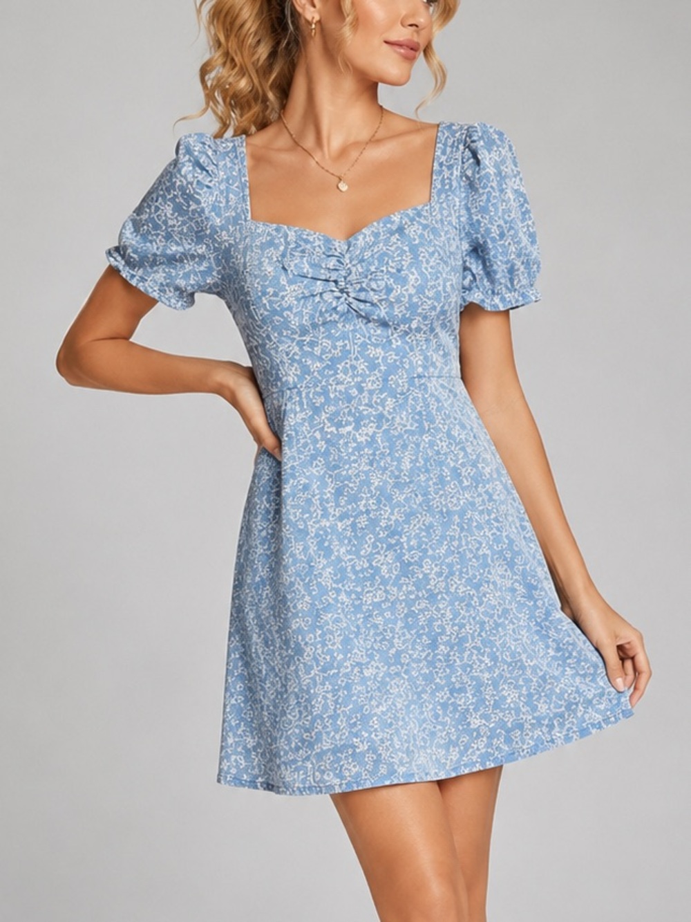 🆕🦋Stellah Blue Floral Cotton PuffSleeve Mini Dress Cottagecore Sweetheart Size S